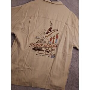 Tommy Bahama Shirt Mens Medium Pelican Cigars Embroidered Beige Silk Camp Beach